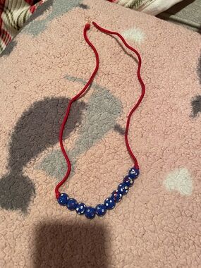 Handmade vintage Red String Necklace with Blue Beads